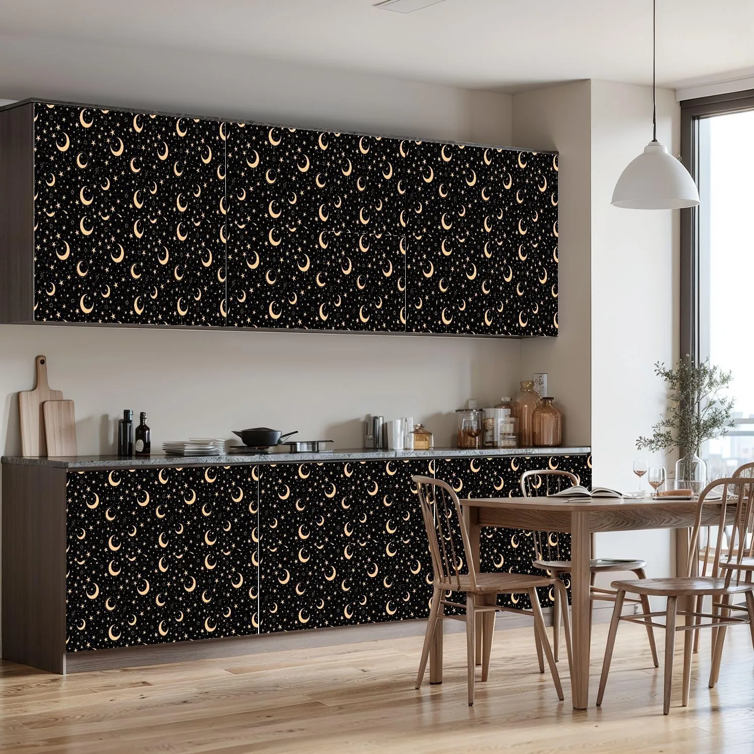 Peel and Stick Wallpaper Self Adhesive Wall Mural Seamless Pattern Golden Stars Moons Black Contact Paper Renter Friendly Wallpaper for Kitchen Nursery Bedroom 17.7"x118"