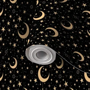 Peel and Stick Wallpaper Self Adhesive Wall Mural Seamless Pattern Golden Stars Moons Black Contact Paper Renter Friendly Wallpaper for Kitchen Nursery Bedroom 17.7"x118"