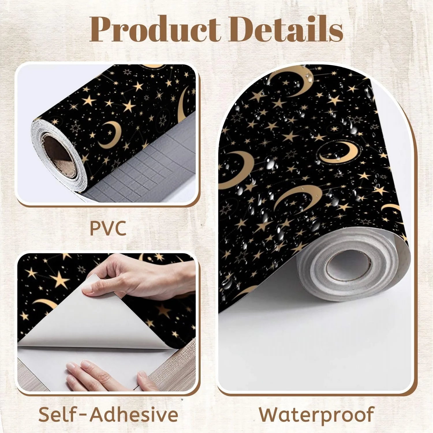 Peel and Stick Wallpaper Self Adhesive Wall Mural Seamless Pattern Golden Stars Moons Black Contact Paper Renter Friendly Wallpaper for Kitchen Nursery Bedroom 17.7"x118"