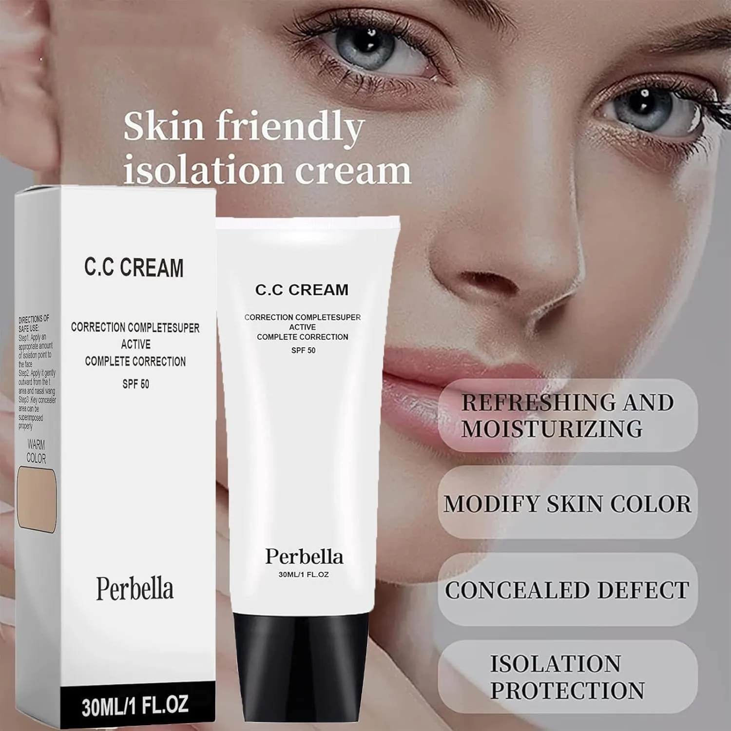 Perbella Cc Cream Self Adjusting for Mature and Older Women,Cc Cream with Spf 50,Waterproof, Moisturizing and Breathable (1PCS)