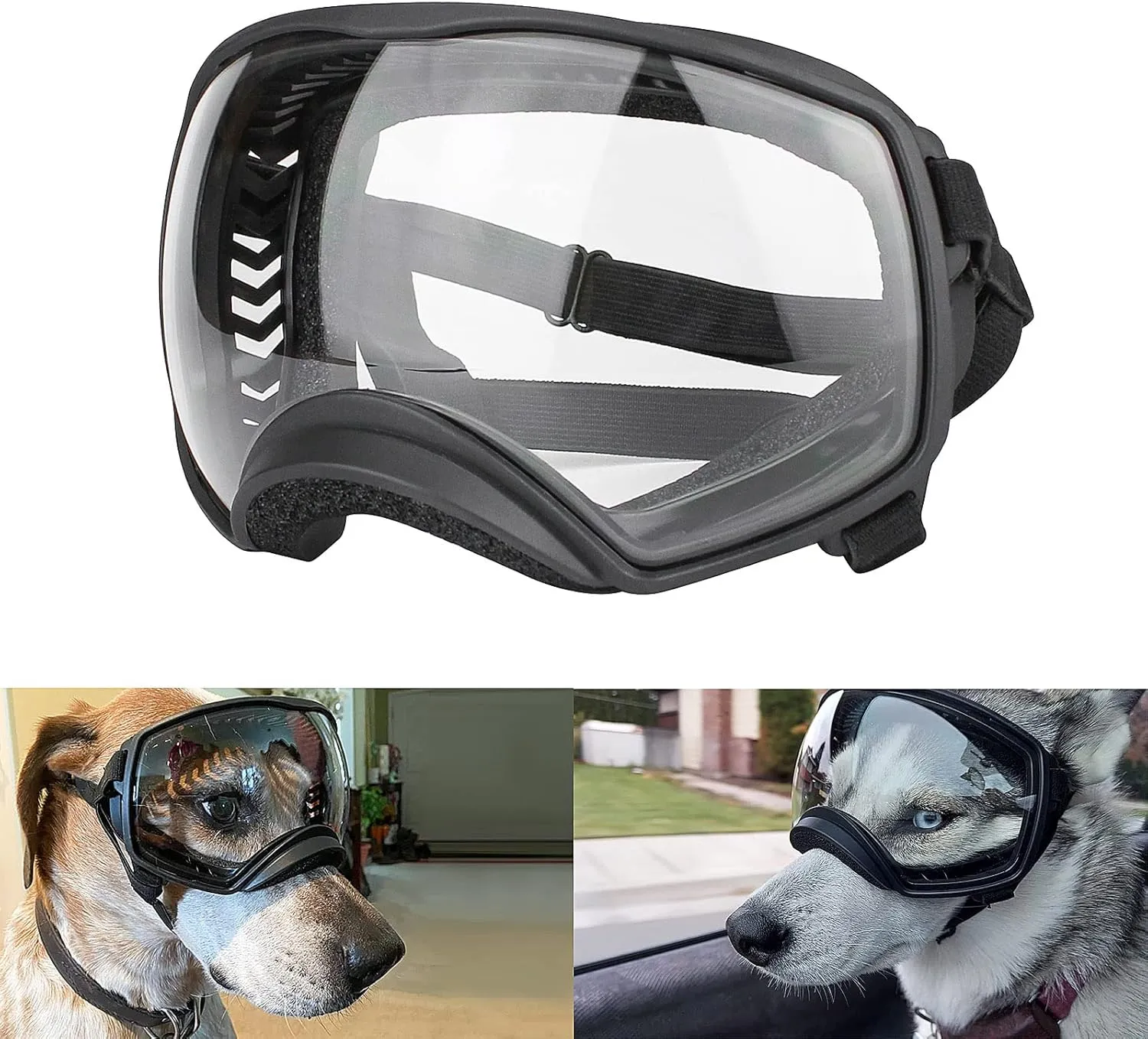 PETLESO Goggles for Large Breed, Clear Dog Sunglasses with Adjustable Straps for Driving, Riding, Hiking - Clear Lens