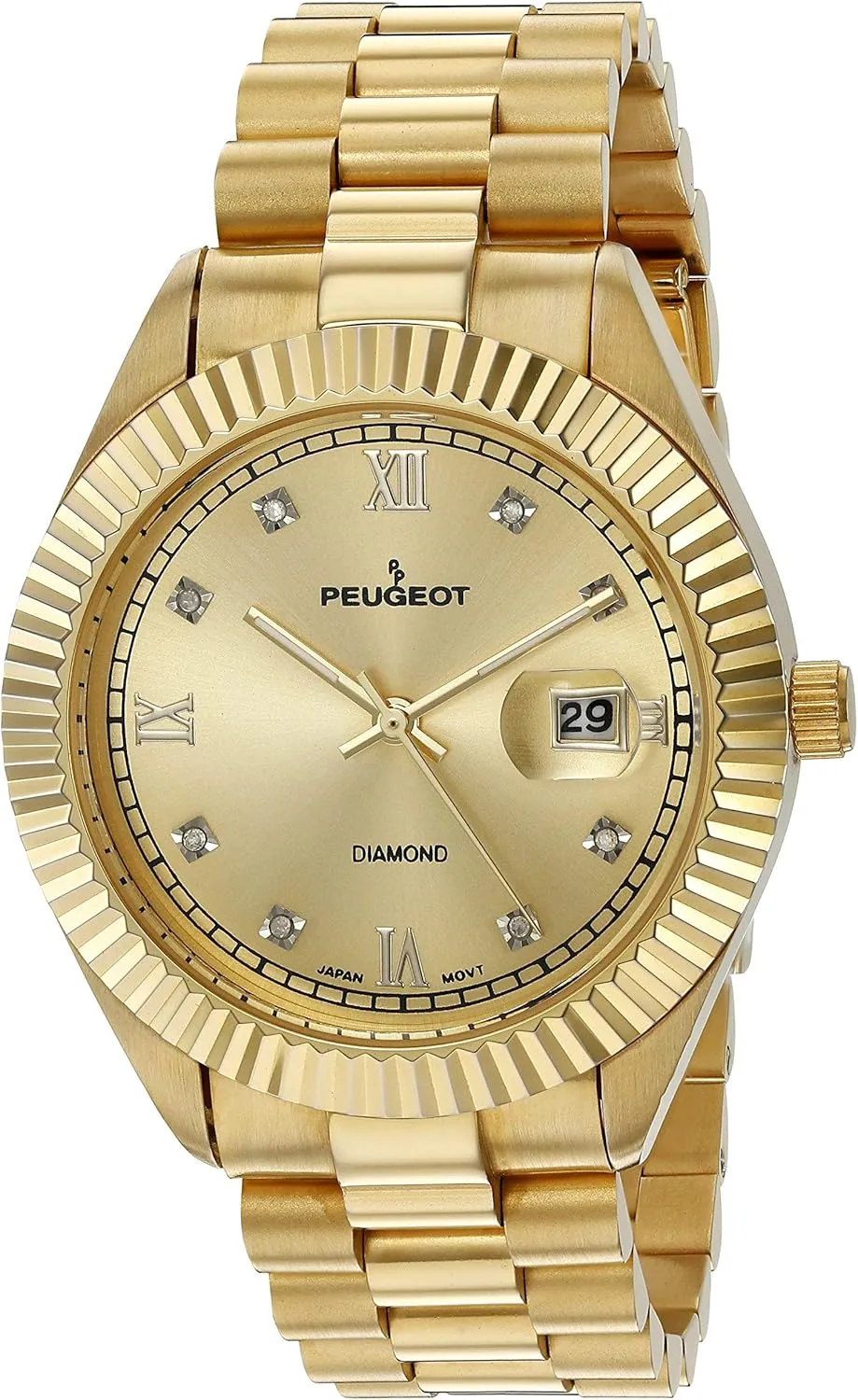Peugeot 14K Gold Plated Diamond Luxury Dress Watch with Fluted Bezel and Calendar