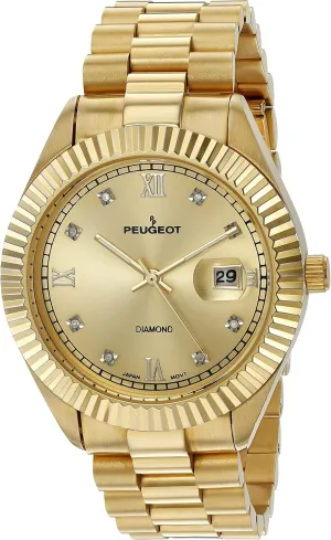 Peugeot 14K Gold Plated Diamond Luxury Dress Watch with Fluted Bezel and Calendar