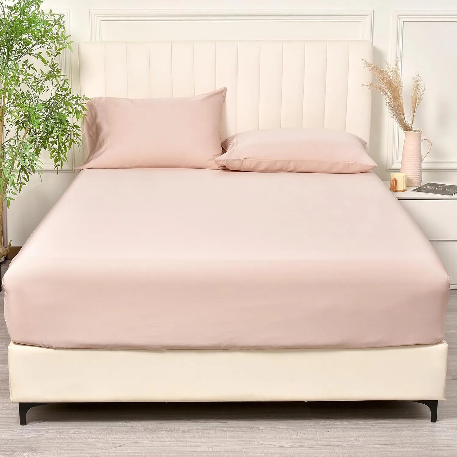 PHF 100% Rayon Derived from Bamboo Cooling Fitted Sheet King for Hot Sleeper,16" Deep Pocket,2.5cm Wider Strong Elastic Easy Fit,Breathable Silky Smooth Soft,78"x 80",Peach Blush,No Pillowcases
