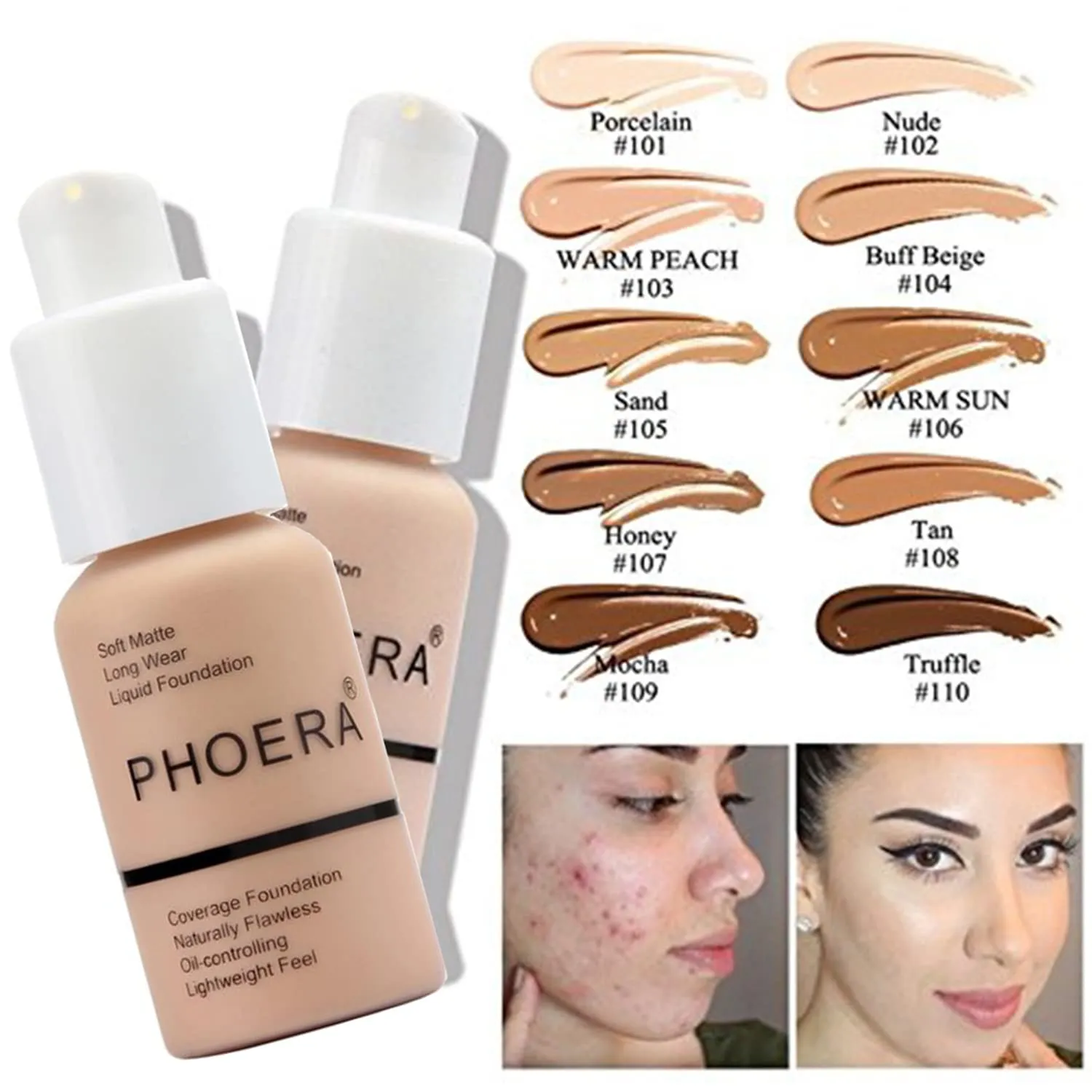 Phoera Foundation 104 and 105,Full Coverage Foundation,Hilareco Concealer Foundation Flawless 30ml Natural Matte Oil Control Concealer Facial Blemish for Women Girls (103 Warm peach 104 Buff Beige)