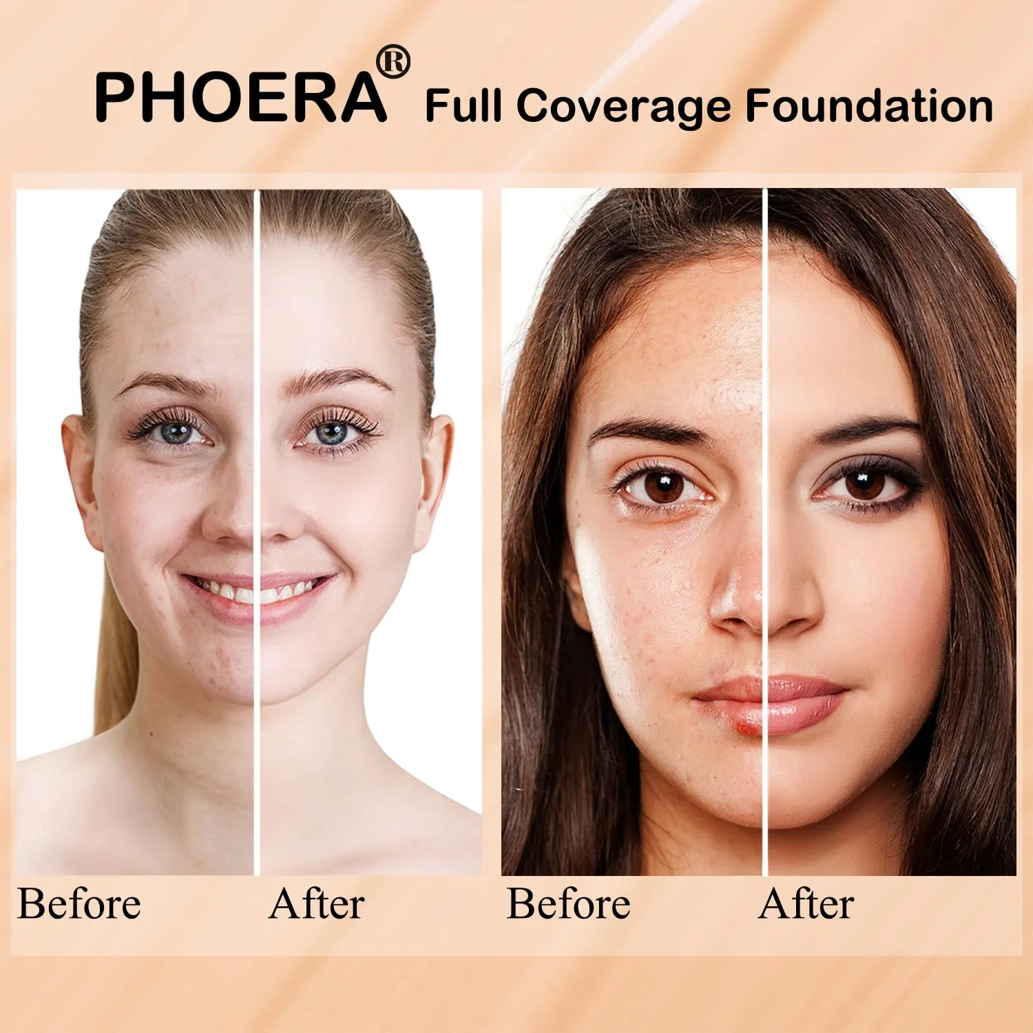 Phoera Foundation 104 and 105,Full Coverage Foundation,Hilareco Concealer Foundation Flawless 30ml Natural Matte Oil Control Concealer Facial Blemish for Women Girls (103 Warm peach 104 Buff Beige)