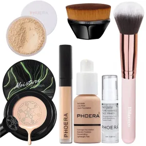 PHOERA Foundation Full Coverage Makeup, Mushroom Head Air Cushion CC Cream Natural Foundation Set,PHOERA Concealer, PHOERA Primer, PHOERA Powder, Foundation Brushes (103 Warm Peach  03 Warm Nude CC)