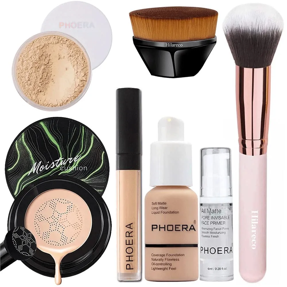 PHOERA Foundation Full Coverage Makeup, Mushroom Head Air Cushion CC Cream Natural Foundation Set,PHOERA Concealer, PHOERA Primer, PHOERA Powder, Foundation Brushes (103 Warm Peach  03 Warm Nude CC)