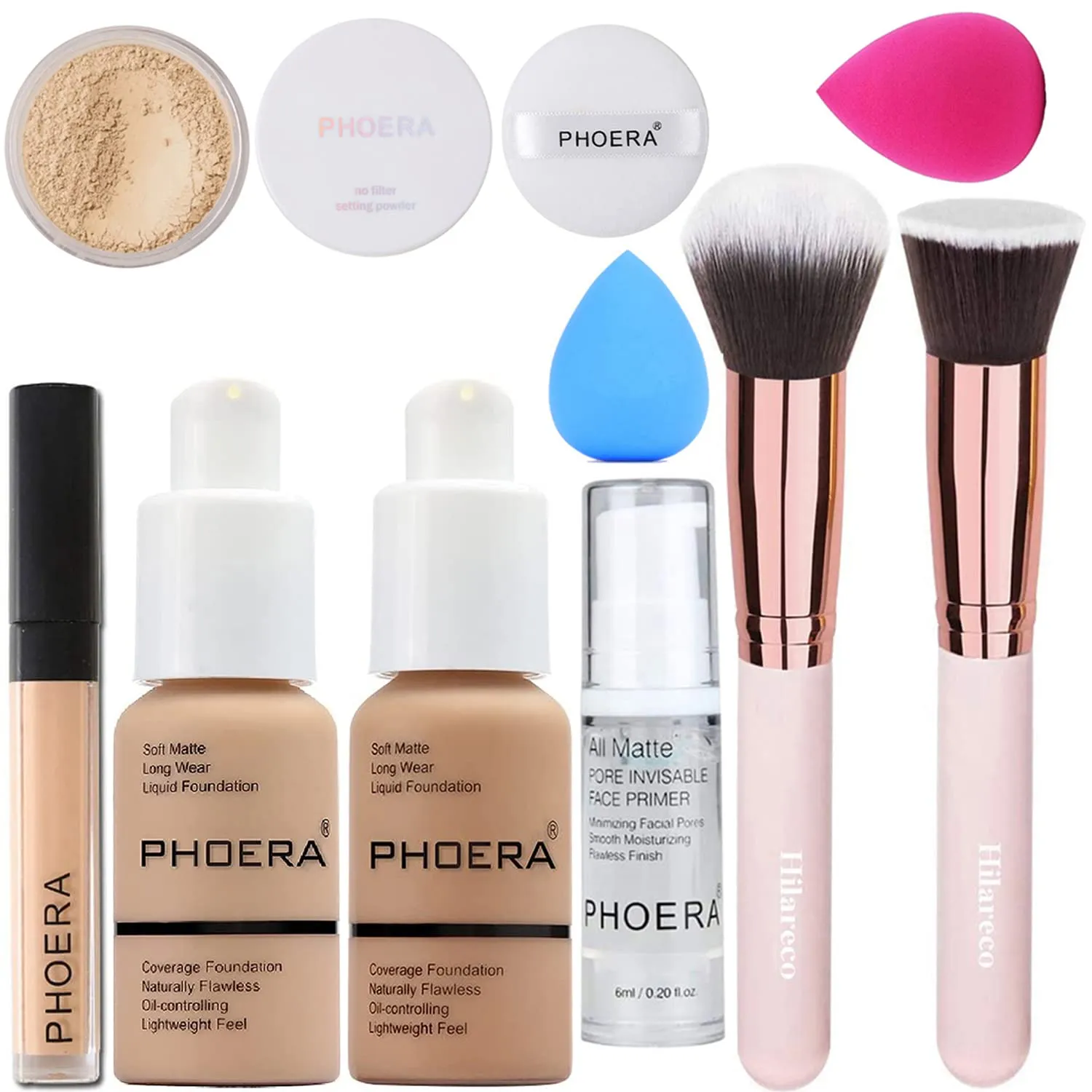 PHOERA Makeup Set - Full Coverage Foundation, Primer, Powder, Concealer & Kabuki Brushes (2 Sponge, Porcelain)