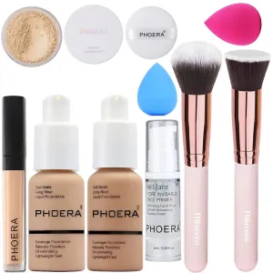 PHOERA Makeup Set - Full Coverage Foundation, Primer, Powder, Concealer & Kabuki Brushes (2 Sponge, Porcelain)