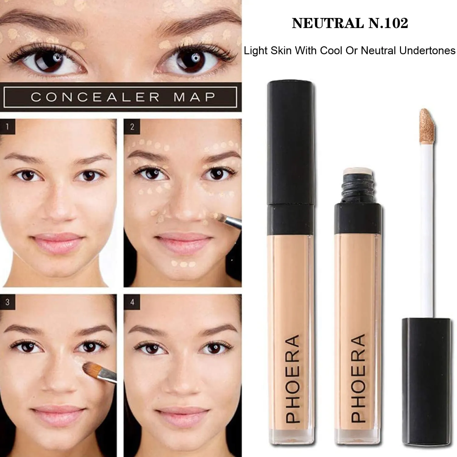 PHOERA Makeup Set - Full Coverage Foundation, Primer, Powder, Concealer & Kabuki Brushes (2 Sponge, Porcelain)