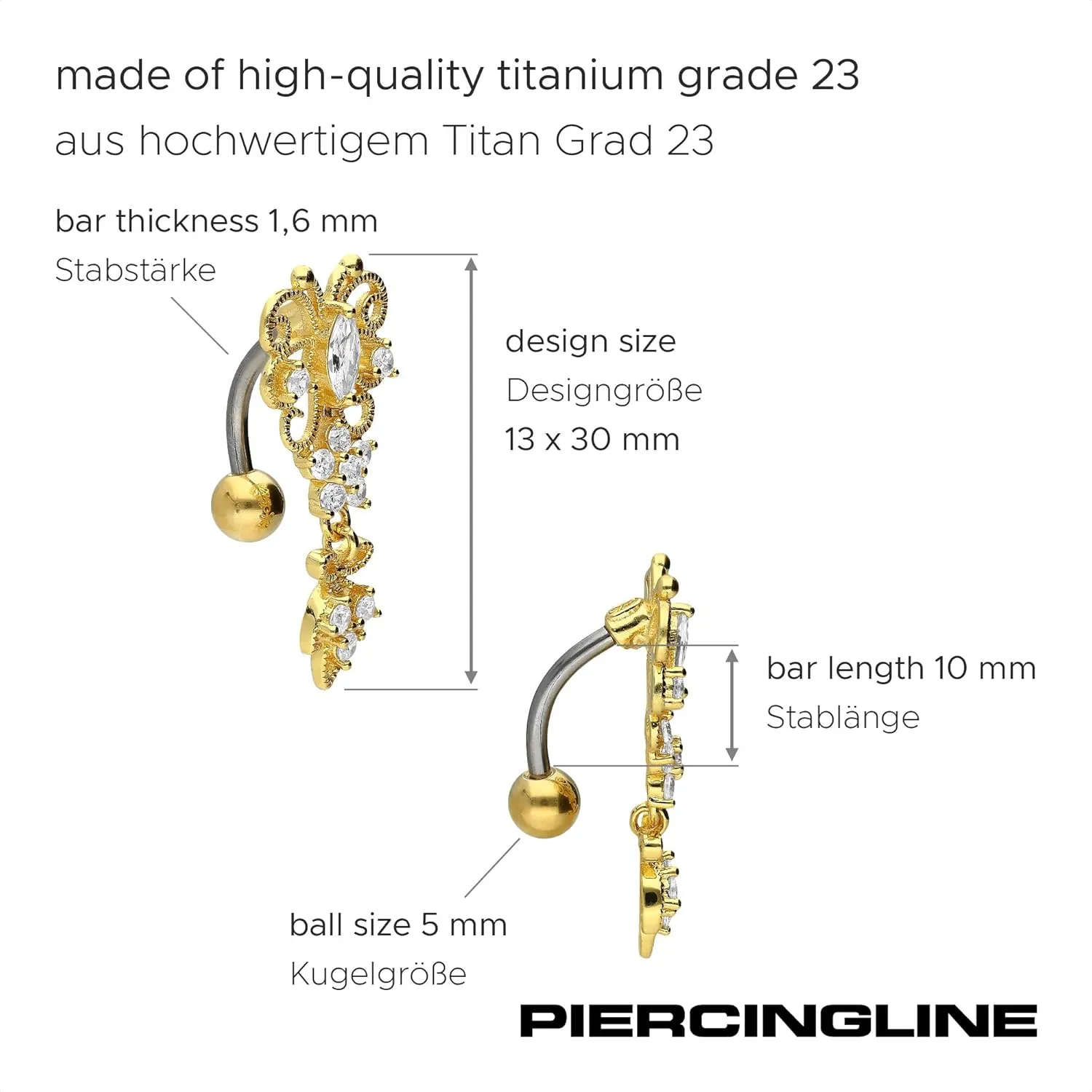 PIERCINGLINE Titanium Belly Button Piercing 925 Silver Design BUTTERFLY  PENDANT