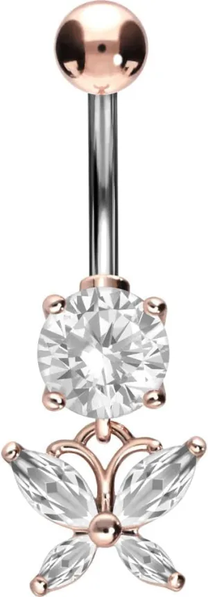 PIERCINGLINE Titanium Belly Button Piercing 925 Silver Design CRYSTAL BUTTERFLY