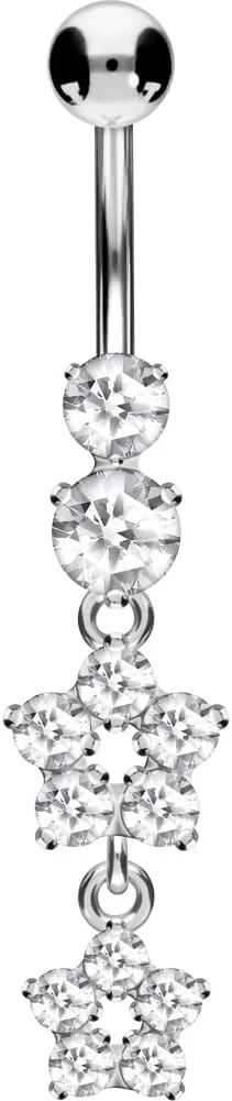 PIERCINGLINE Titanium Belly Button Piercing 925 Silver Design CRYSTAL FLOWERS