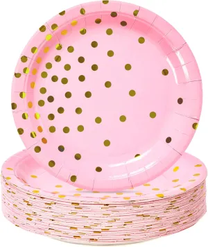 Pink Gold Paper Plates 100PCS,Pink and Gold Dots Dessert Plates,Disposable Round Party Supplies great for Baby Shower,Birthday,Wedding,Bridal Showers(7inch)