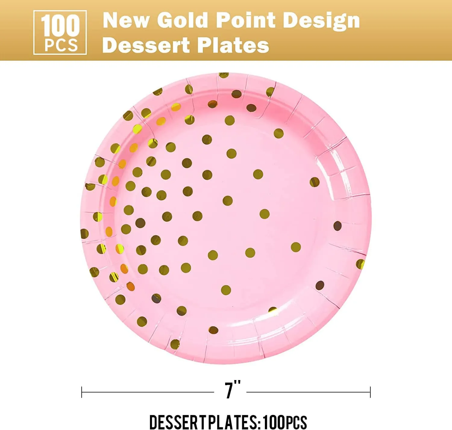 Pink Gold Paper Plates 100PCS,Pink and Gold Dots Dessert Plates,Disposable Round Party Supplies great for Baby Shower,Birthday,Wedding,Bridal Showers(7inch)