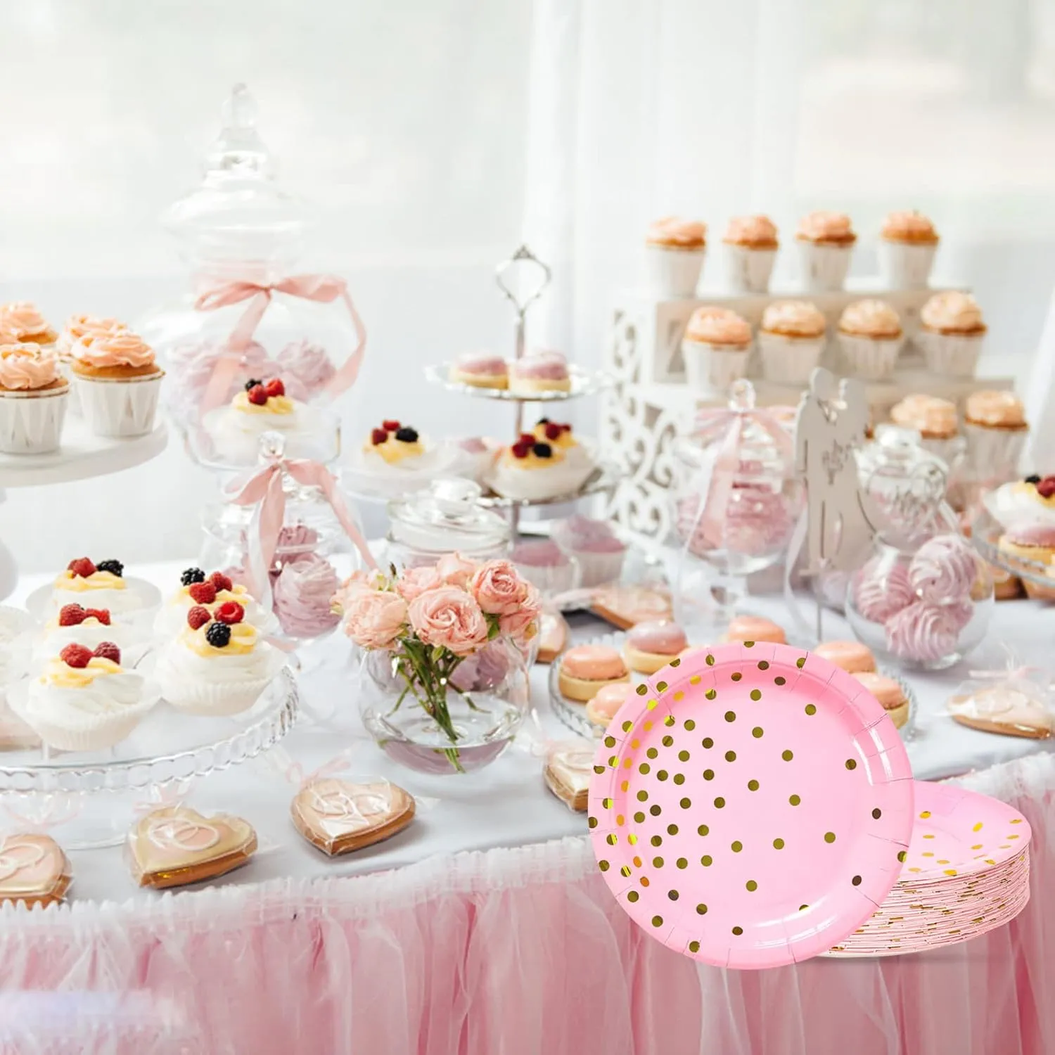 Pink Gold Paper Plates 100PCS,Pink and Gold Dots Dessert Plates,Disposable Round Party Supplies great for Baby Shower,Birthday,Wedding,Bridal Showers(7inch)