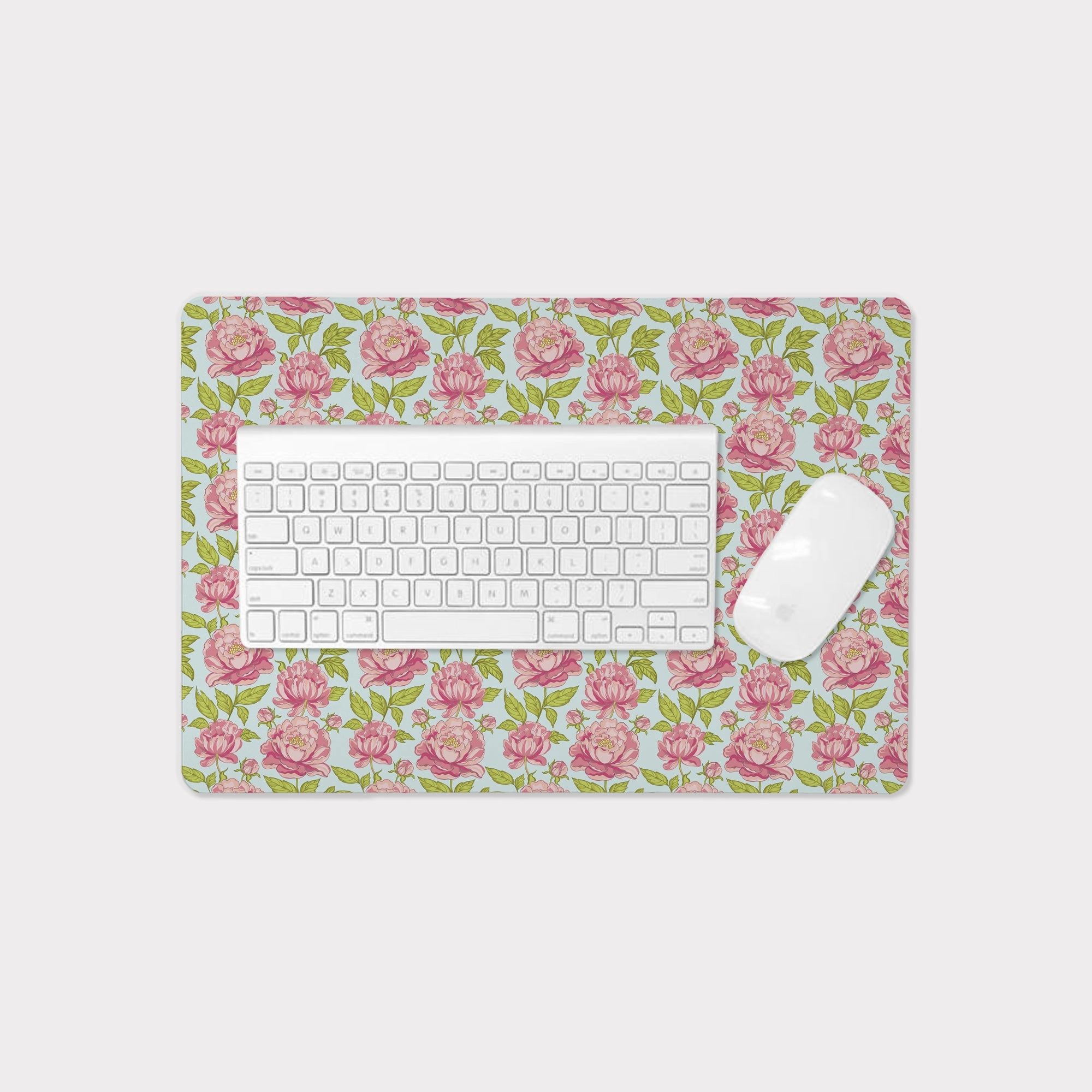 Pink Peonies Personalized Desk Pad (on blue)