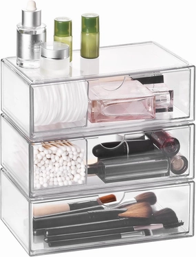 Qtip Holder, Acrylic 3Layers Makeup Organizer Drawer Case, Countertop Holder for Cosmetics Storage, Vanity Holder for Qtip, Lipstick, Eyeshadow, Brushes, Necklaces -Clear