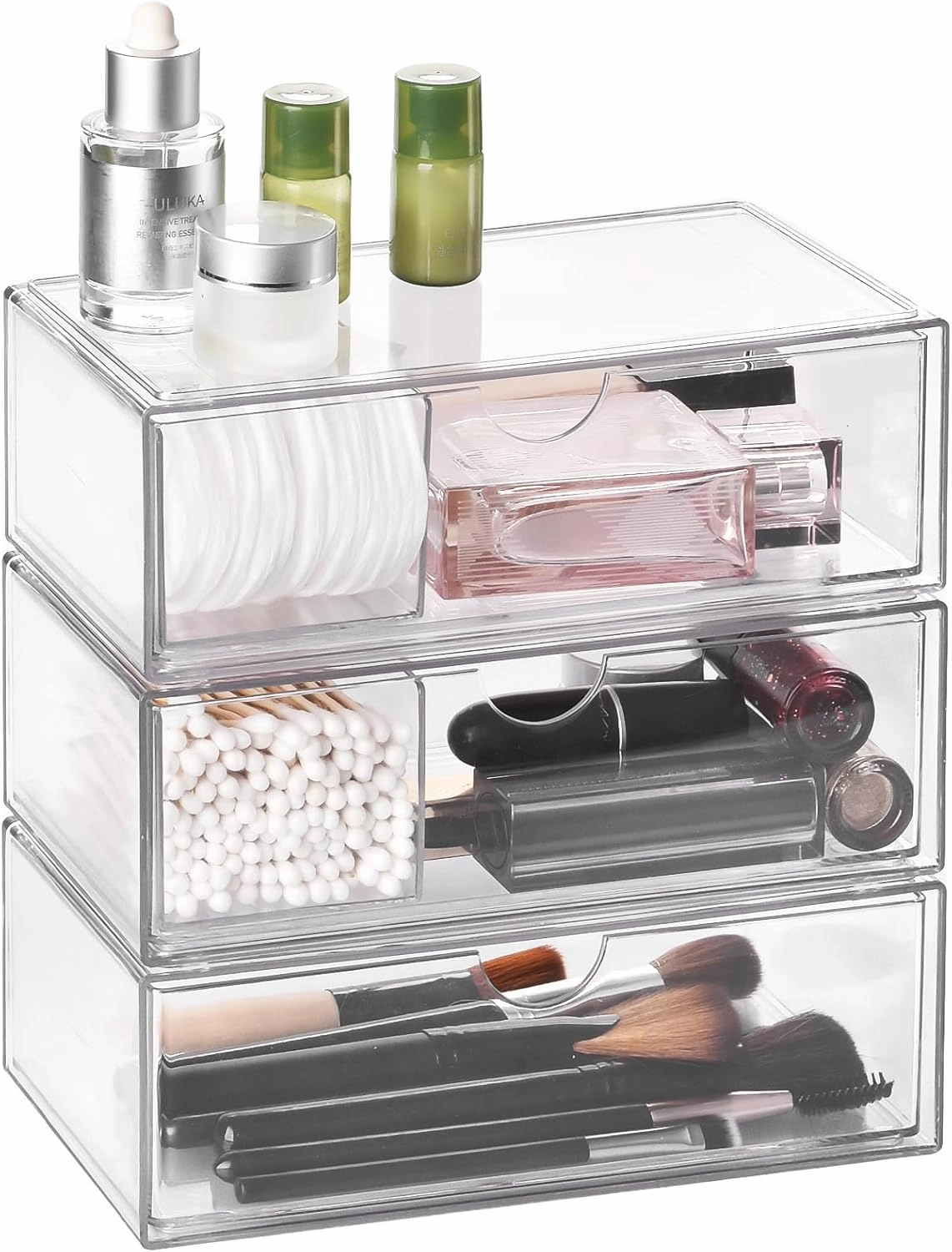 Qtip Holder, Acrylic 3Layers Makeup Organizer Drawer Case, Countertop Holder for Cosmetics Storage, Vanity Holder for Qtip, Lipstick, Eyeshadow, Brushes, Necklaces -Clear