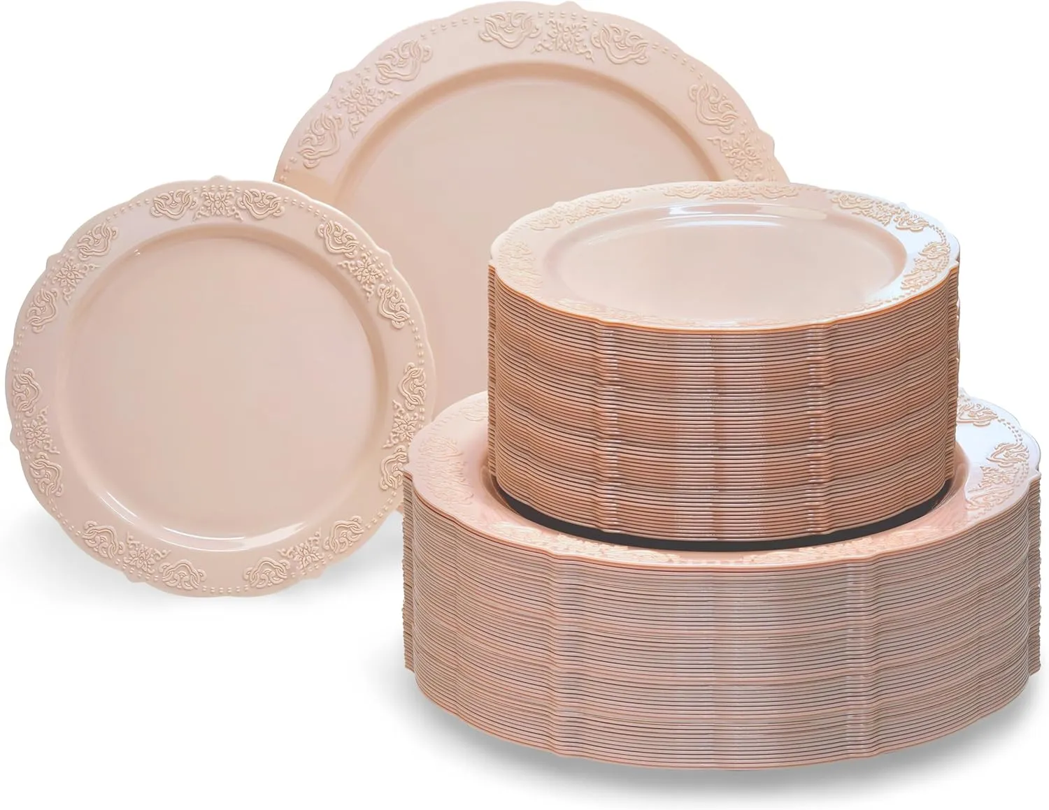 " OCCASIONS " 240 Plates Pack,(120 Guests) Vintage Wedding Party Disposable Plastic Plates Set-120x10.25'' Dinner  120x7.5'' Salad/Dessert Plate (Portofino in Blush/Antique Rose)