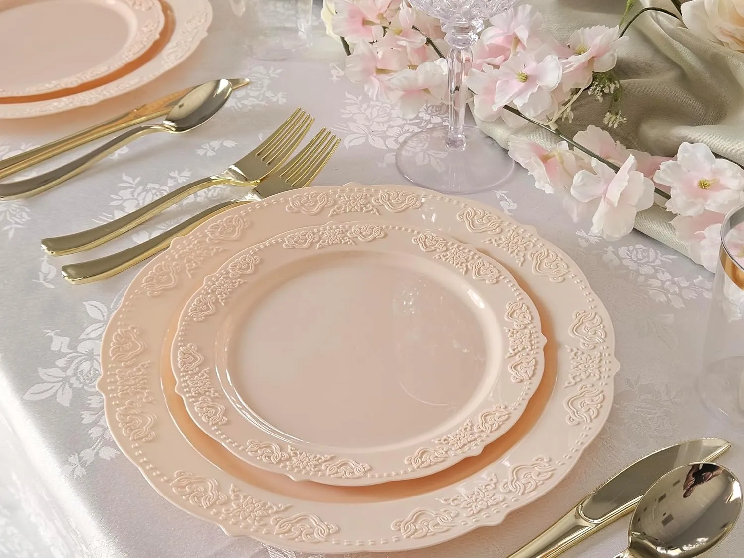 " OCCASIONS " 240 Plates Pack,(120 Guests) Vintage Wedding Party Disposable Plastic Plates Set-120x10.25'' Dinner  120x7.5'' Salad/Dessert Plate (Portofino in Blush/Antique Rose)