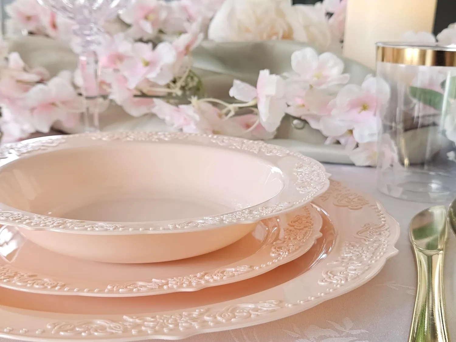 " OCCASIONS " 240 Plates Pack,(120 Guests) Vintage Wedding Party Disposable Plastic Plates Set-120x10.25'' Dinner  120x7.5'' Salad/Dessert Plate (Portofino in Blush/Antique Rose)