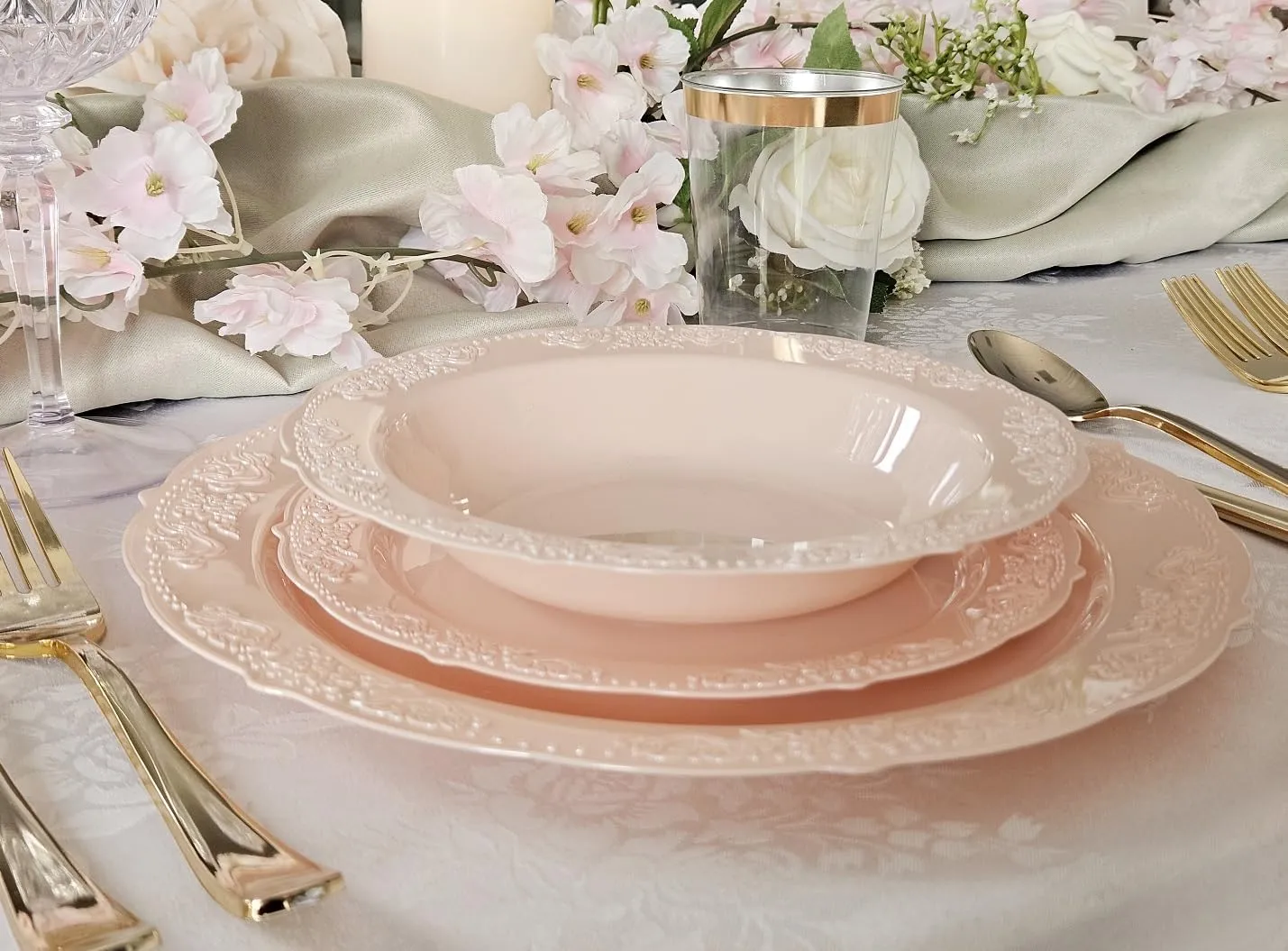 " OCCASIONS " 240 Plates Pack,(120 Guests) Vintage Wedding Party Disposable Plastic Plates Set-120x10.25'' Dinner  120x7.5'' Salad/Dessert Plate (Portofino in Blush/Antique Rose)