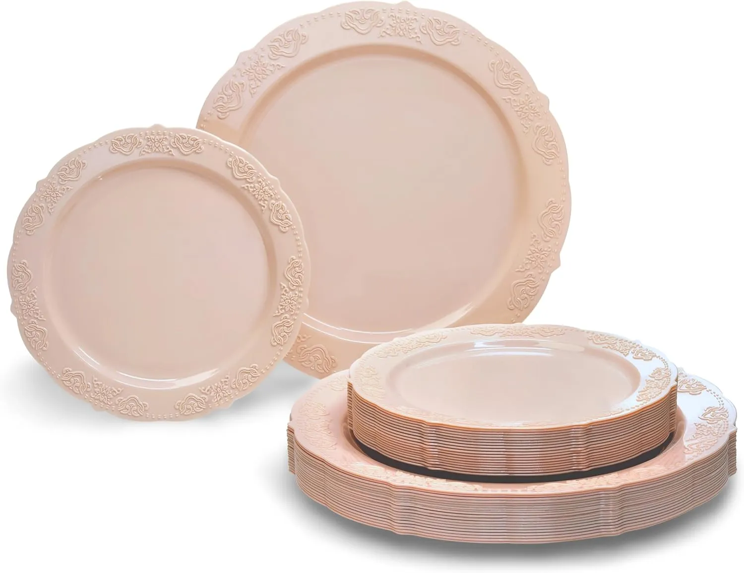 " OCCASIONS " 240 Plates Pack,(120 Guests) Vintage Wedding Party Disposable Plastic Plates Set-120x10.25'' Dinner  120x7.5'' Salad/Dessert Plate (Portofino in Blush/Antique Rose)
