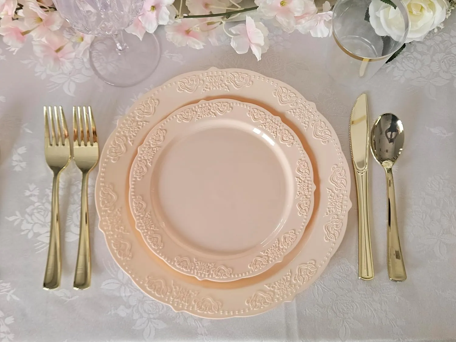 " OCCASIONS " 240 Plates Pack,(120 Guests) Vintage Wedding Party Disposable Plastic Plates Set-120x10.25'' Dinner  120x7.5'' Salad/Dessert Plate (Portofino in Blush/Antique Rose)