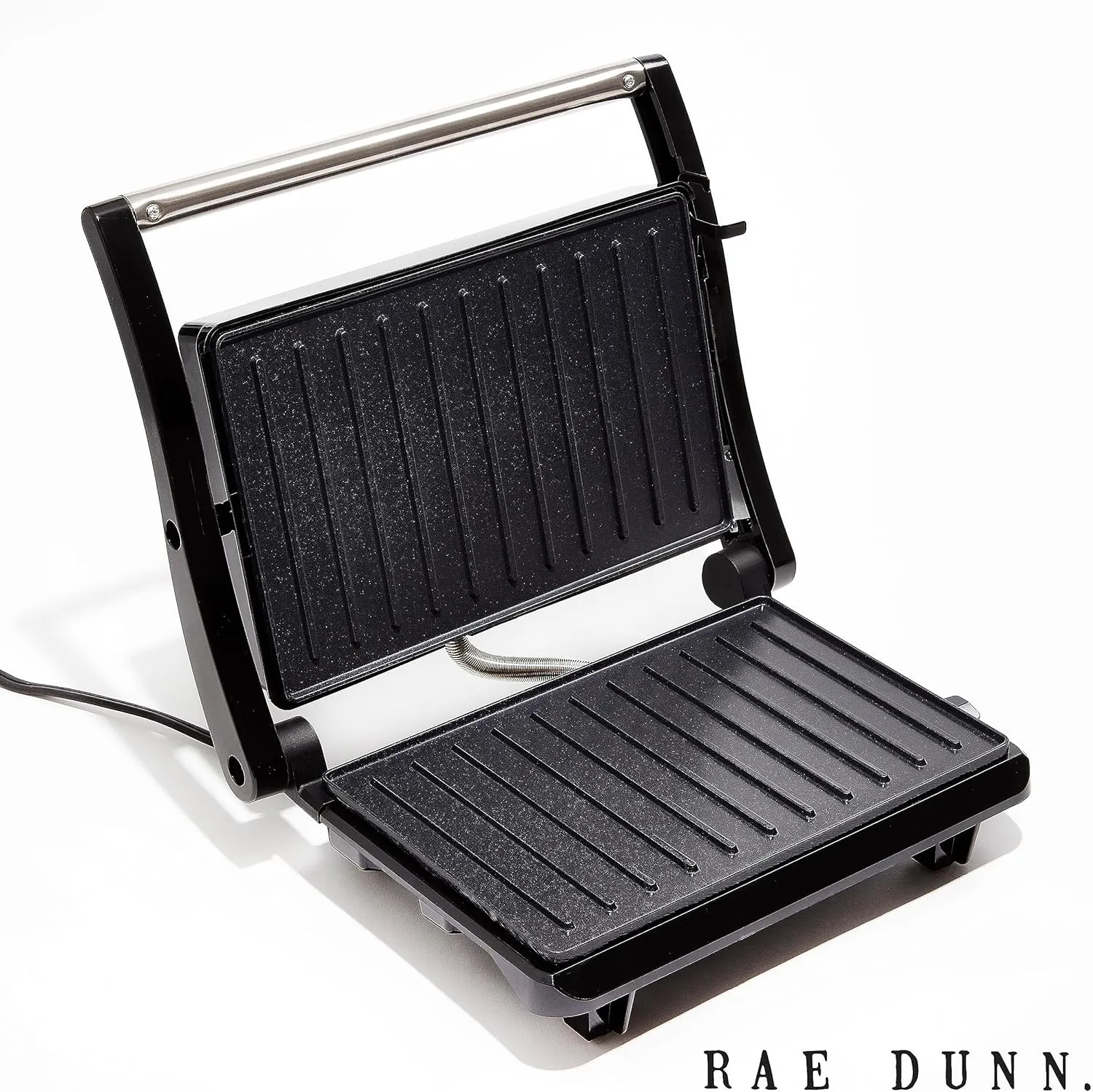 Rae Dunn Panini Maker - 750 Watt 2-Slice Press Grill with Indicator Lights | Opens 180 Degrees | Double Sided Heating | Non-stick Cooking | Cool Touch Handle | Easy to Clean, Black
