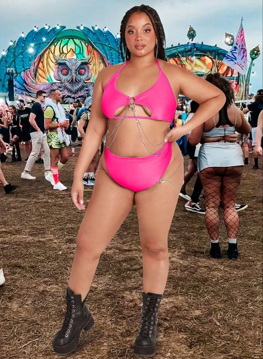 Rave Outfits for Women - EDC Sexy Festival Underboob Cutout Top Disco Silver Chain High Cut Bottom Nightclub Bikini