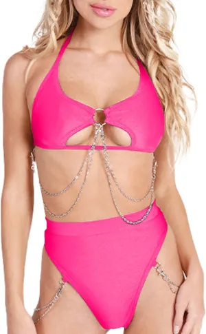Rave Outfits for Women - EDC Sexy Festival Underboob Cutout Top Disco Silver Chain High Cut Bottom Nightclub Bikini
