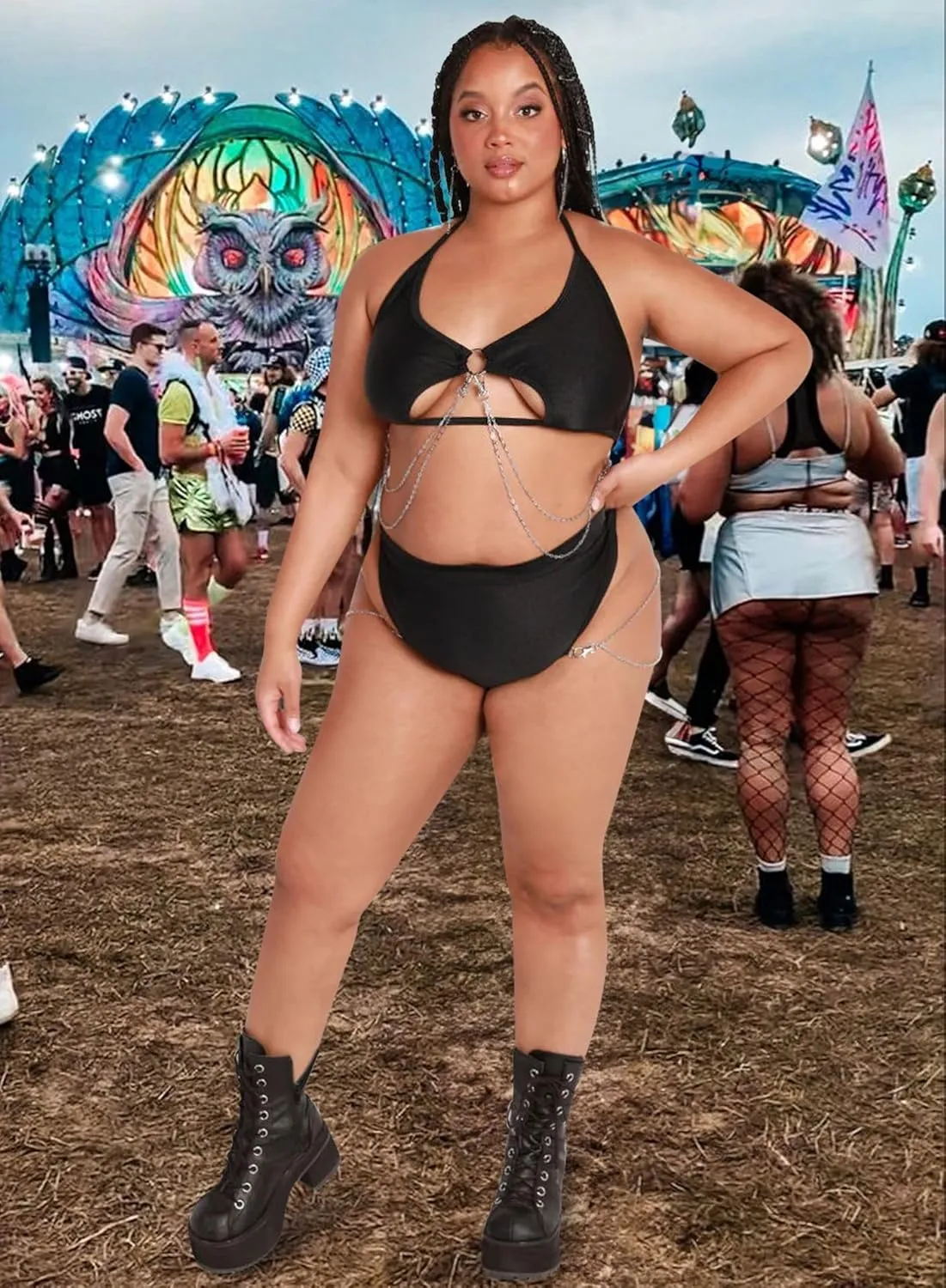 Rave Outfits for Women - EDC Sexy Festival Underboob Cutout Top Disco Silver Chain High Cut Bottom Nightclub Bikini