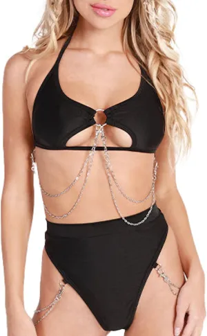 Rave Outfits for Women - EDC Sexy Festival Underboob Cutout Top Disco Silver Chain High Cut Bottom Nightclub Bikini