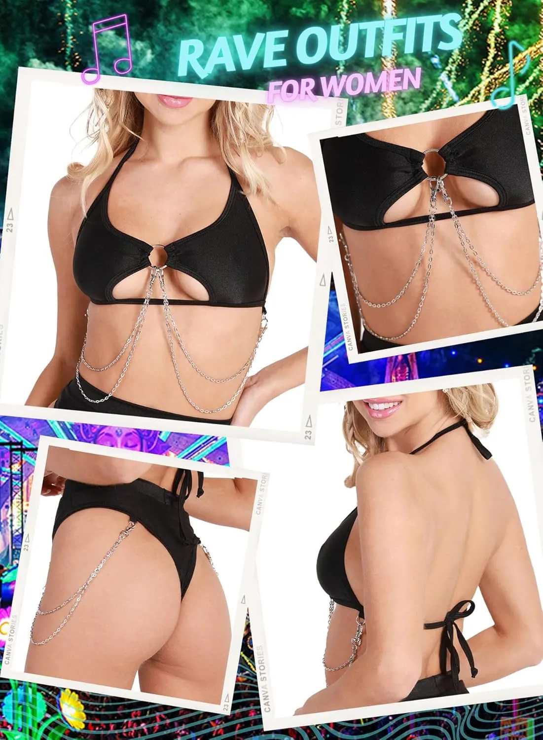 Rave Outfits for Women - EDC Sexy Festival Underboob Cutout Top Disco Silver Chain High Cut Bottom Nightclub Bikini