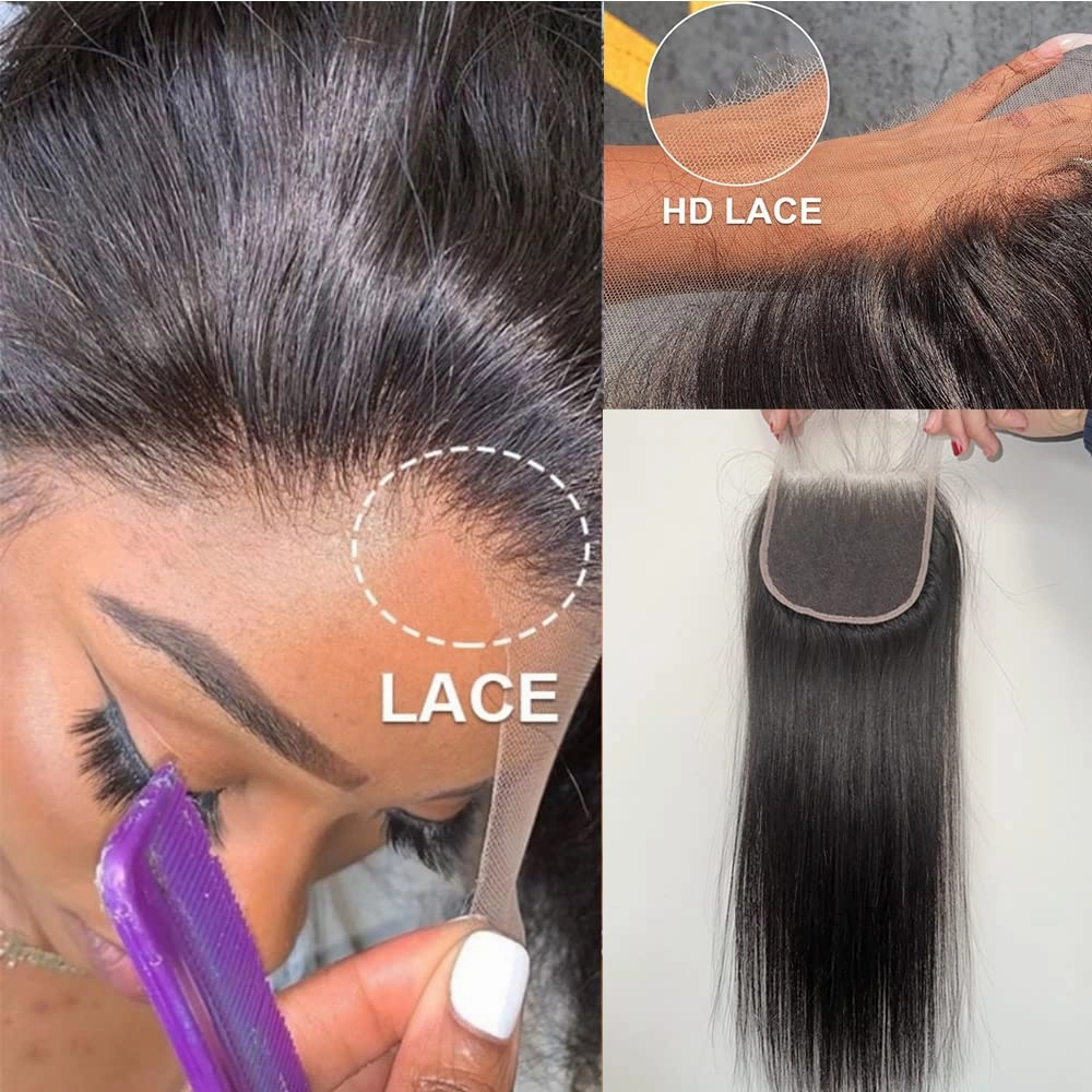Real HD Lace Closure, 0.11mm Thin Silk Straight Human Hair Closure Pre Plucked with Baby Hair Brazilian Virgin Thin Invisible 4x4 Lace Closure Serrated Edge 14 Inch Closure