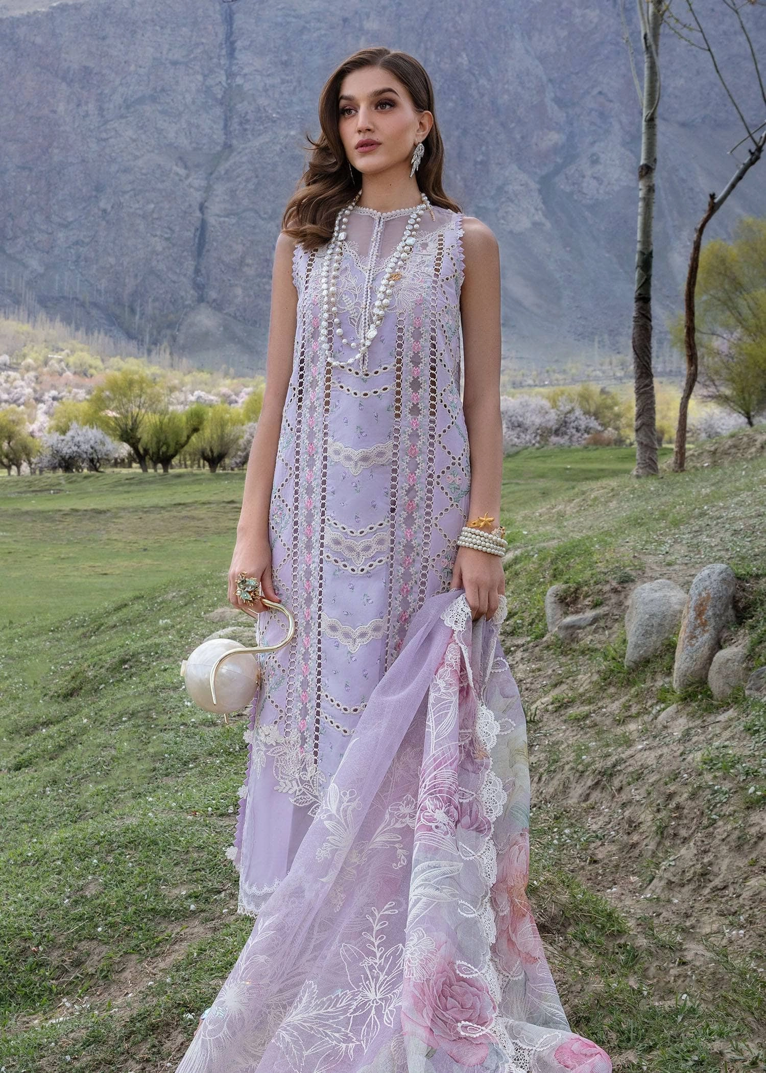 Restocked/Crimson Luxury Lawn 24/A Floral Mesh/7A/Lavender