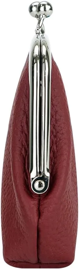 RFID Coin Purses for Women, Fashion Kiss Lock Change Pouch, Double Clip Key Card Storage Bag (Wine Red)