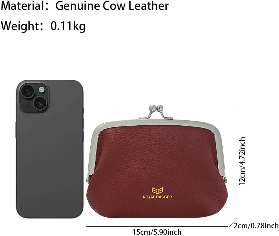 RFID Coin Purses for Women, Fashion Kiss Lock Change Pouch, Double Clip Key Card Storage Bag (Wine Red)
