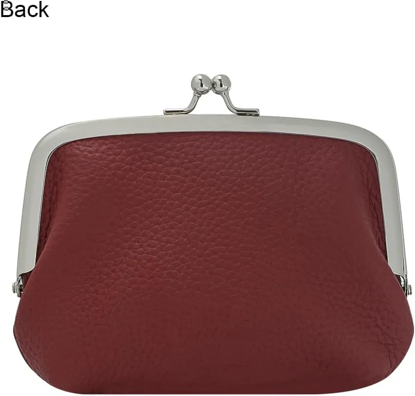 RFID Coin Purses for Women, Fashion Kiss Lock Change Pouch, Double Clip Key Card Storage Bag (Wine Red)