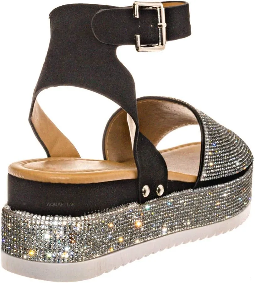 Rhinestone Glitter Flatform Sandal - Women Ankle Strap Crystal Platform