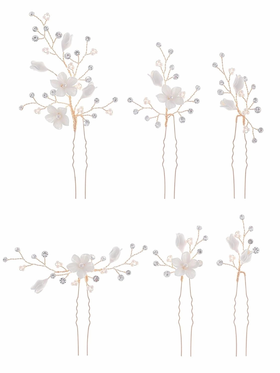 Rhinestone Pearl Hair Pins, 6 Pcs 3D Pinch White Flower Bridal Handmade Sparkling Fairy Bride Wedding Hair Pieces Leaf U Shaped Hair Accessories Headpiece Bridesmaids Women Girls Gold