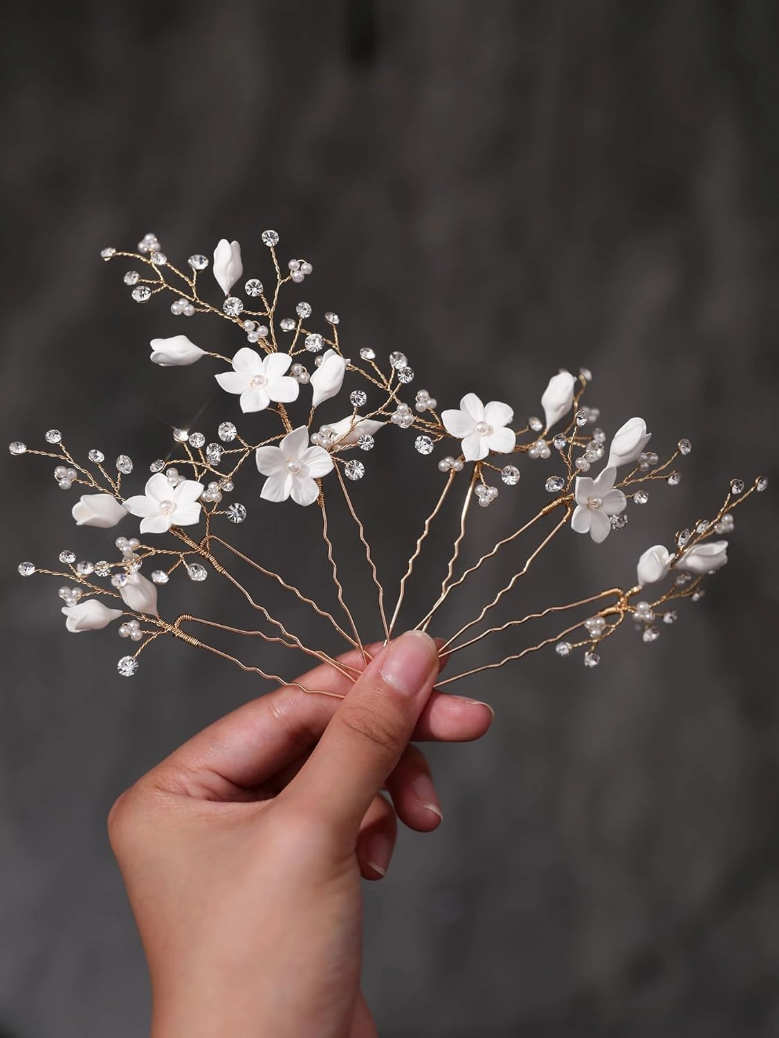 Rhinestone Pearl Hair Pins, 6 Pcs 3D Pinch White Flower Bridal Handmade Sparkling Fairy Bride Wedding Hair Pieces Leaf U Shaped Hair Accessories Headpiece Bridesmaids Women Girls Gold