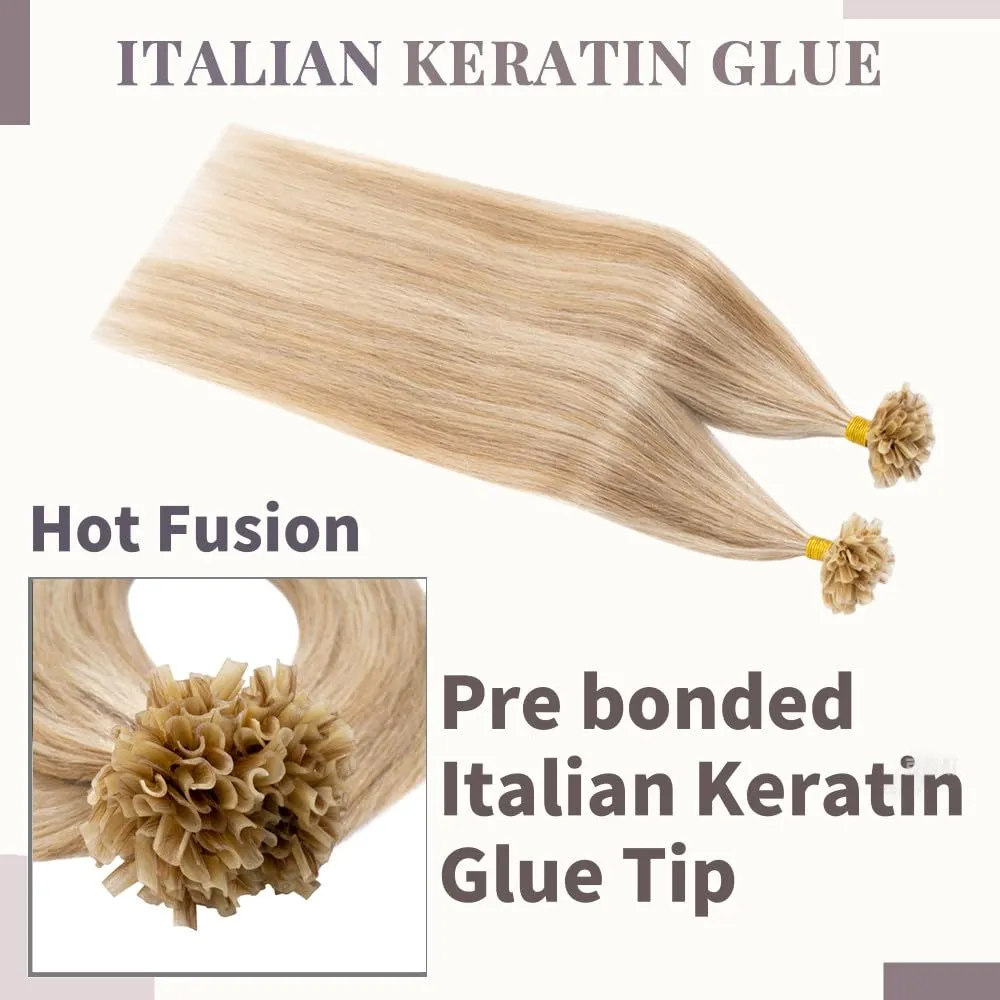 Rich Choices U Tip Hair Extensions Human Hair,100 Strands 0.5g/Strand K Tip Real Remy Human Hair Extensions Nail Tip K Tip Keratin Hair Extension 22 Inch #12P613 Golden Brown Highlight Bleach Blonde