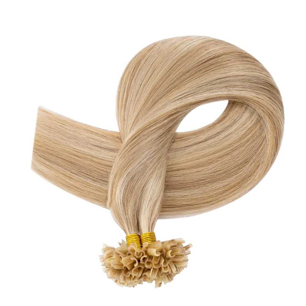 Rich Choices U Tip Hair Extensions Human Hair,100 Strands 0.5g/Strand K Tip Real Remy Human Hair Extensions Nail Tip K Tip Keratin Hair Extension 22 Inch #12P613 Golden Brown Highlight Bleach Blonde