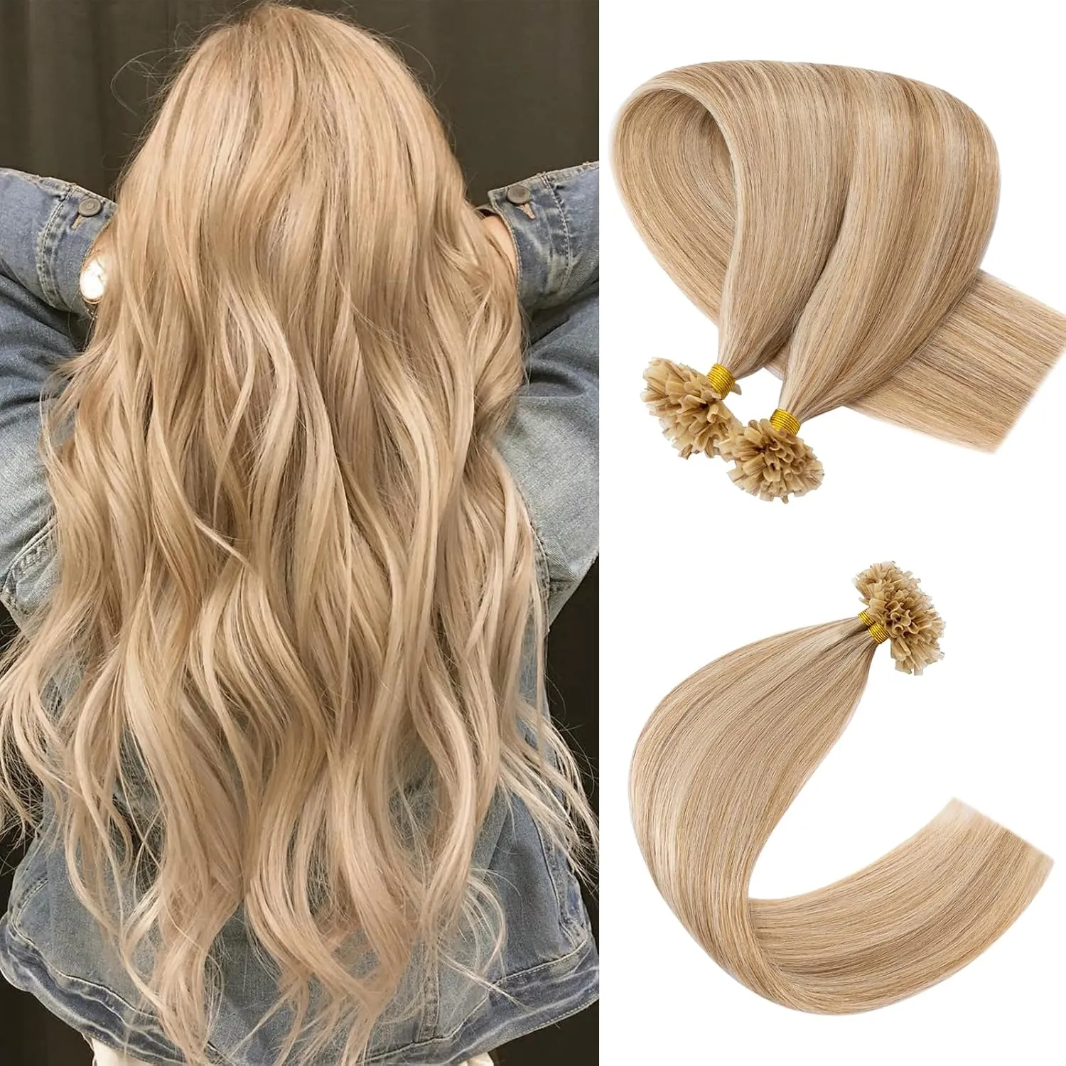 Rich Choices U Tip Hair Extensions Human Hair,100 Strands 0.5g/Strand K Tip Real Remy Human Hair Extensions Nail Tip K Tip Keratin Hair Extension 22 Inch #12P613 Golden Brown Highlight Bleach Blonde