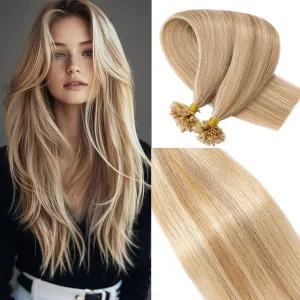 Rich Choices U Tip Hair Extensions Human Hair,100 Strands 0.5g/Strand K Tip Real Remy Human Hair Extensions Nail Tip K Tip Keratin Hair Extension 22 Inch #12P613 Golden Brown Highlight Bleach Blonde