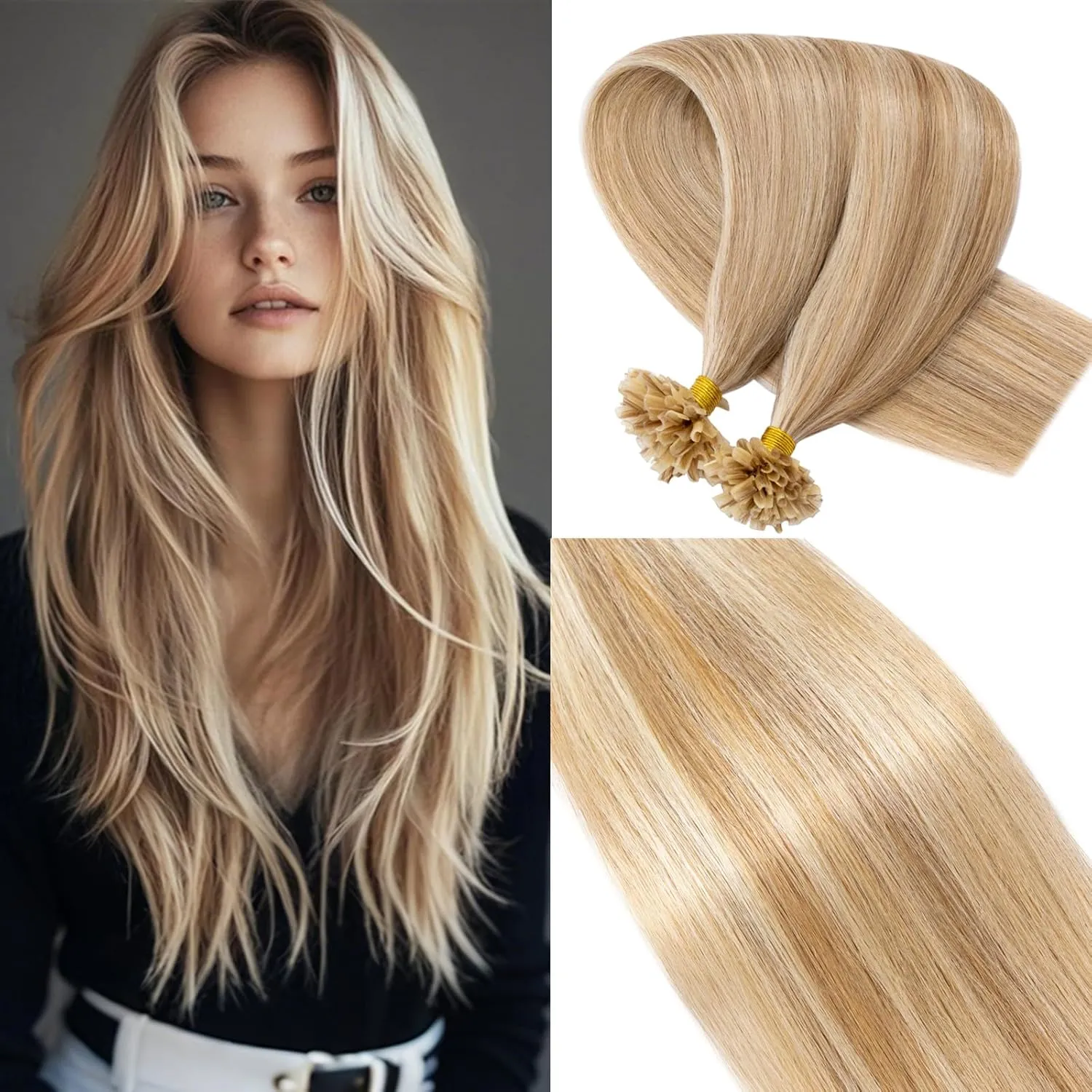 Rich Choices U Tip Hair Extensions Human Hair,100 Strands 0.5g/Strand K Tip Real Remy Human Hair Extensions Nail Tip K Tip Keratin Hair Extension 22 Inch #12P613 Golden Brown Highlight Bleach Blonde