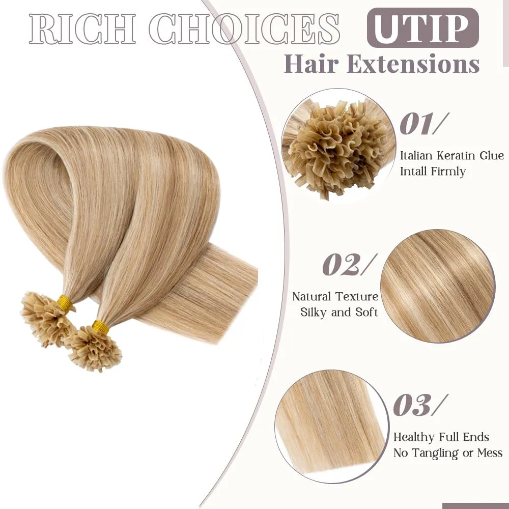 Rich Choices U Tip Hair Extensions Human Hair,100 Strands 0.5g/Strand K Tip Real Remy Human Hair Extensions Nail Tip K Tip Keratin Hair Extension 22 Inch #12P613 Golden Brown Highlight Bleach Blonde